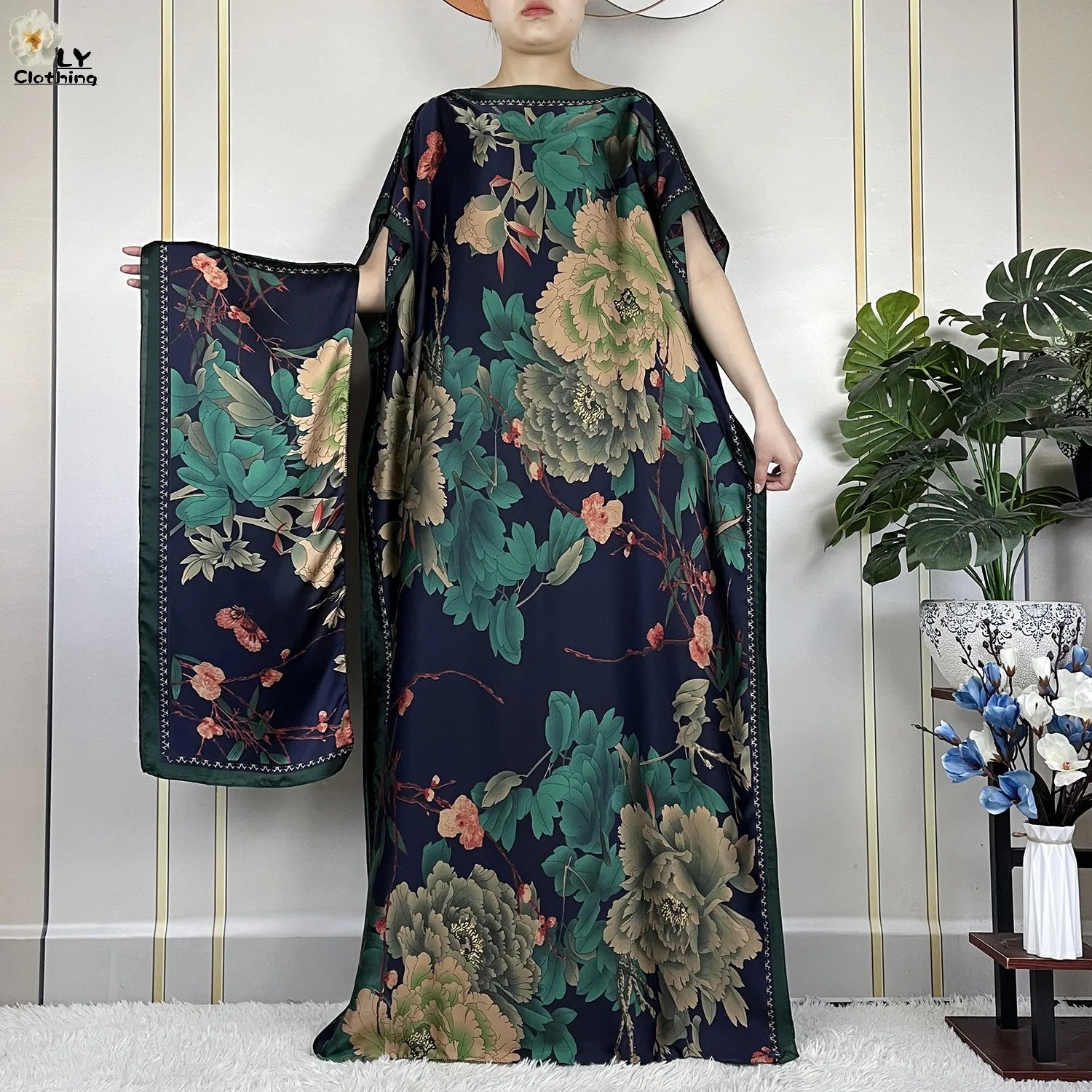 Muslim Abayas For Women 2023 New Fashion Printed Silk Soft Loose Femme Elegant Robe African Maxi Party Dresses With Belt Turban