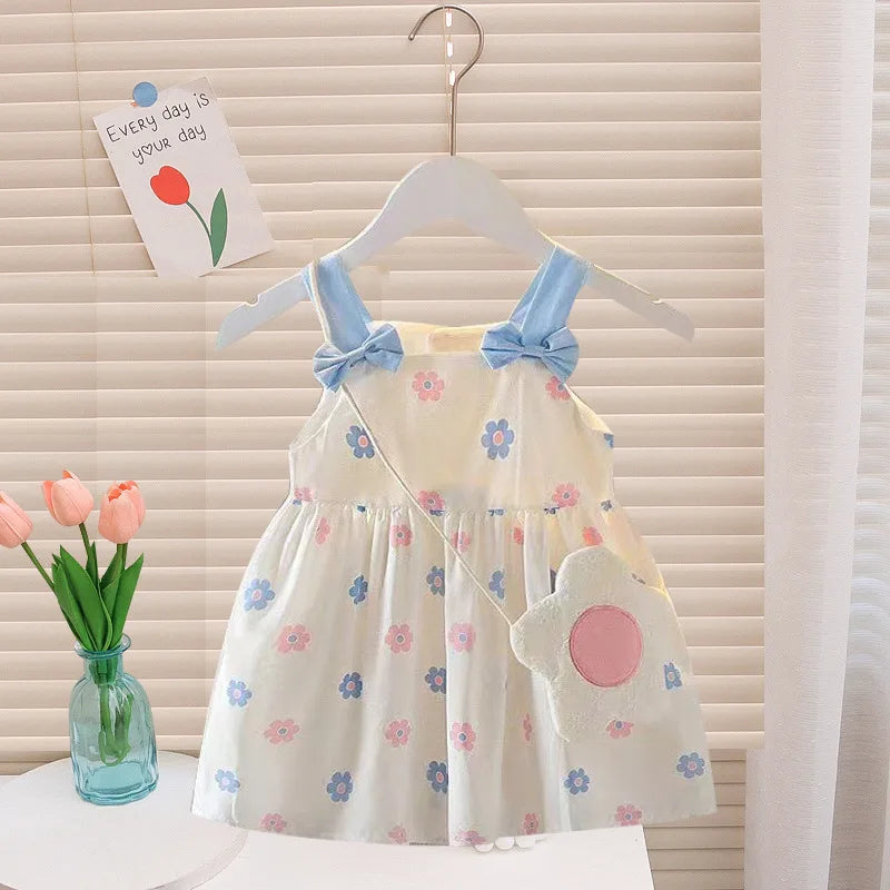 Summer Baby Girls' Dress New 2PCS/Set Cute Bag Kids Fresh Floral Bow Strap Daily Thin Sleeveless Vest Girl Dress