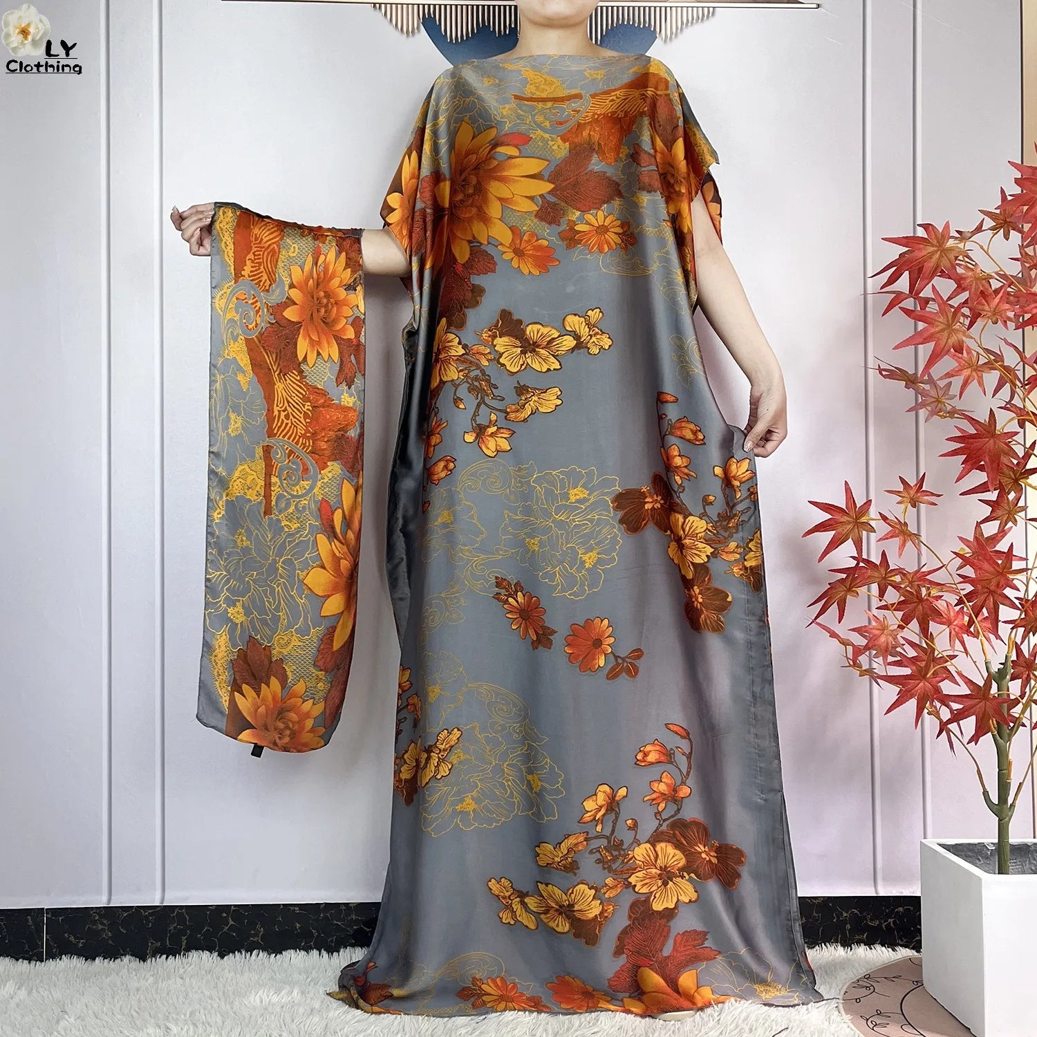 Muslim Abayas For Women 2023 New Fashion Printed Silk Soft Loose Femme Elegant Robe African Maxi Party Dresses With Belt Turban