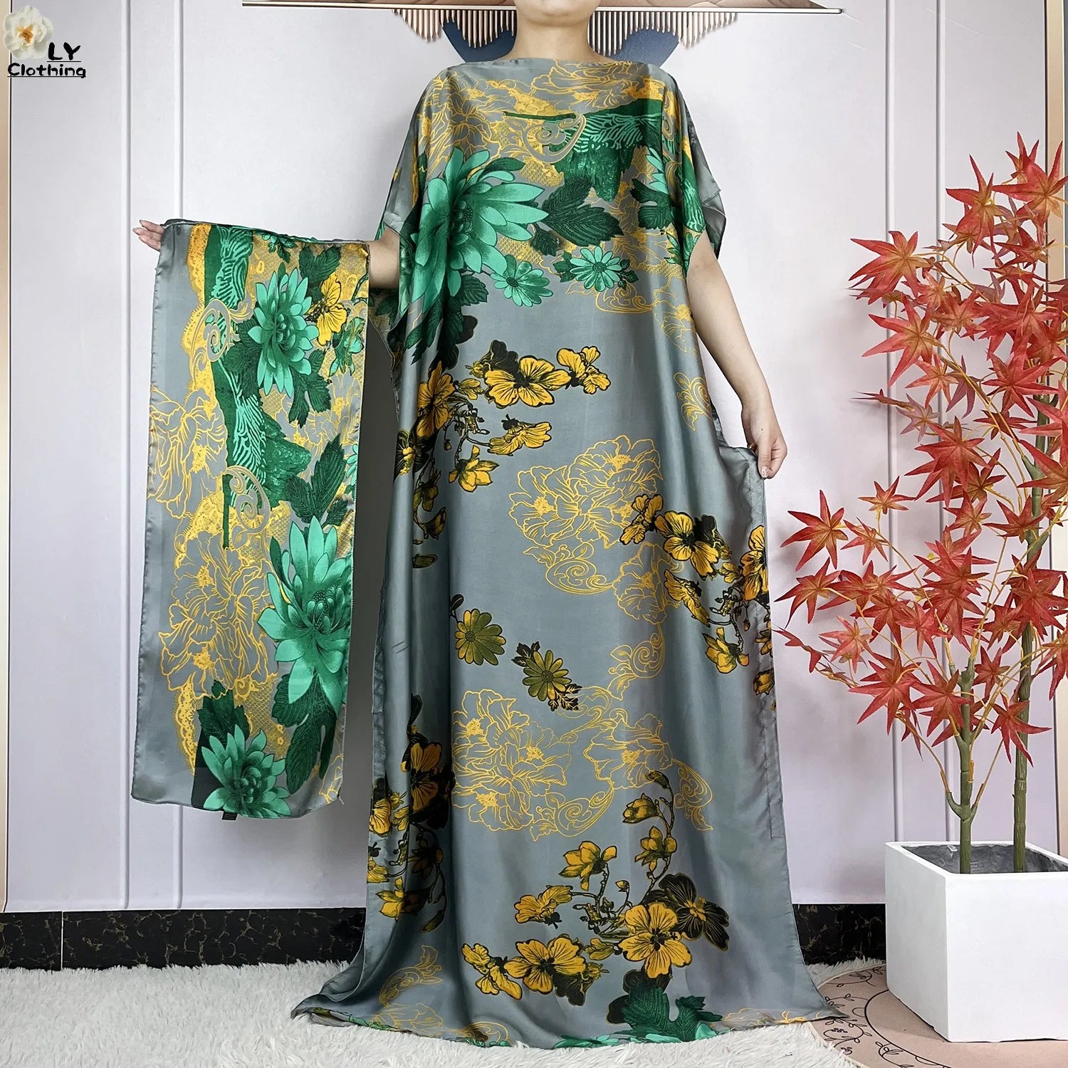Muslim Abayas For Women 2023 New Fashion Printed Silk Soft Loose Femme Elegant Robe African Maxi Party Dresses With Belt Turban
