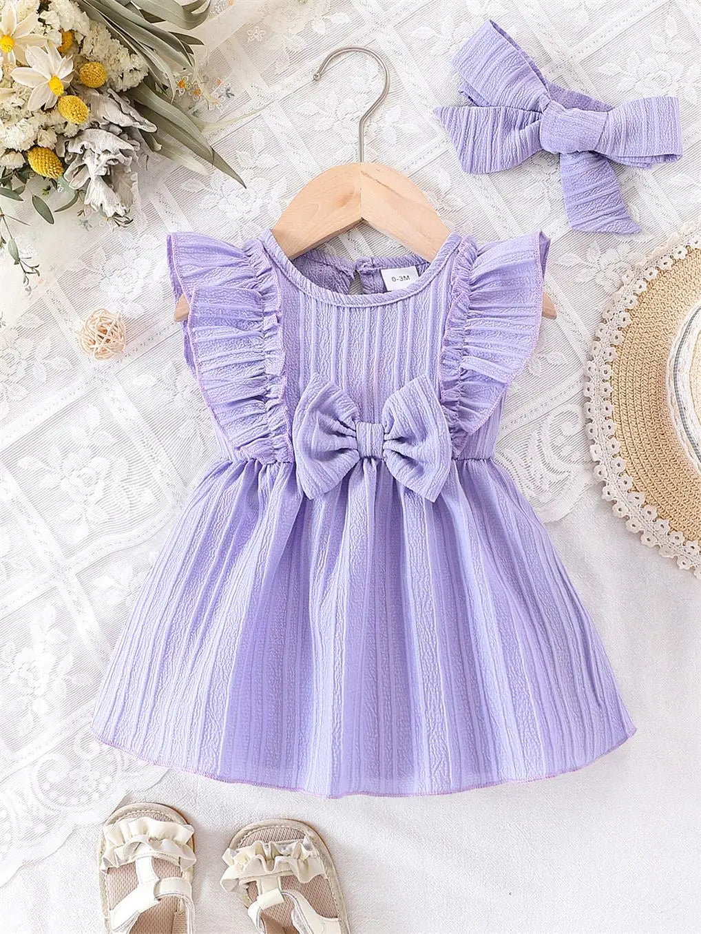 Baby girl Summer Blue dress with Ruffled Edges and Bow, Sweet and Cute Style Dress suitable for 0-3 Year old Cute Baby girls