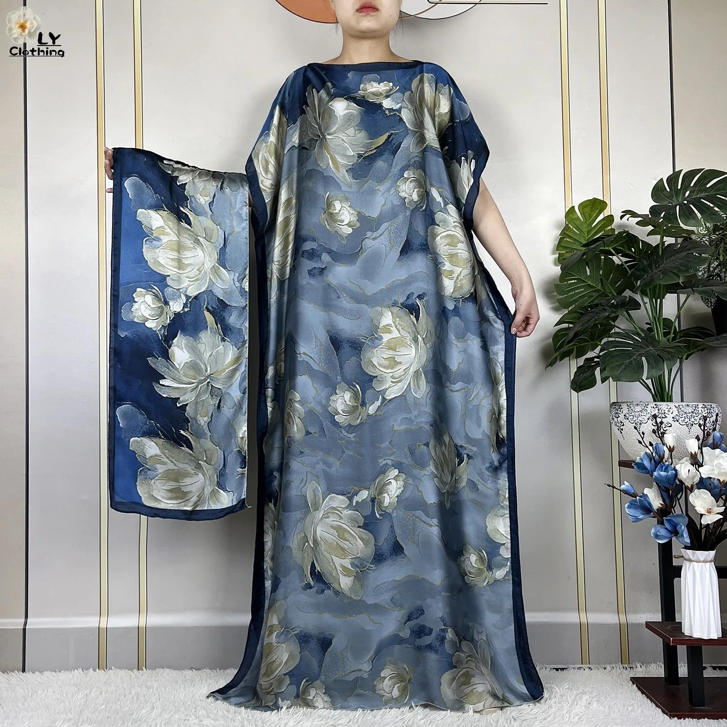 Muslim Abayas For Women 2023 New Fashion Printed Silk Soft Loose Femme Elegant Robe African Maxi Party Dresses With Belt Turban